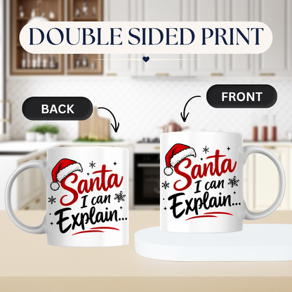 Funny Christmas Mug "Santa I Can Explain..." Santa I Can Explain... 325ml Ceramic Coffee Mug – Festive Humor Slogan with Red Santa Hat, Snowflakes & Star Sparkles | Winter Holiday Gift | Fast Dispatch by UK Seller (M3434)