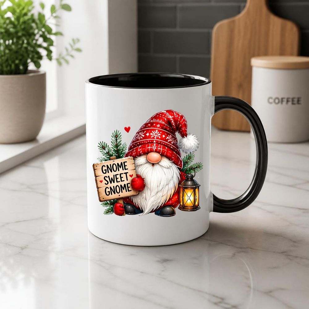 Festive Mug "Gnome Sweet Gnome" Christmas Gnome 325ml Ceramic Coffee Mug Winter Holiday Tea Cup with Lantern, Sign & Red Snowflake Hat | Available in Multicolours | Fast Dispatch by UK Seller (M1275)