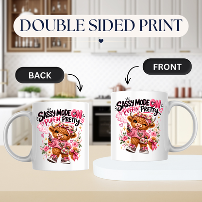 Highland Cow Mug "Sassy Mode On Puffin' Pretty" 325ml Ceramic Coffee Tea Cup – Pink Floral Bow, Hoodie & Vape Novelty Gift for Bestie, Women, Birthday – Fast Dispatch by UK Seller (M3496)