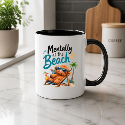 Humorous Mug "Mentally at the Beach" Highland Cow 325ml Ceramic Coffee Mug Funny Summer Holiday Tea Cup with Sunglasses, Deck Chair & Palm Tree Gift | Available in Multicolours | Fast Dispatch by UK Seller (M1288)