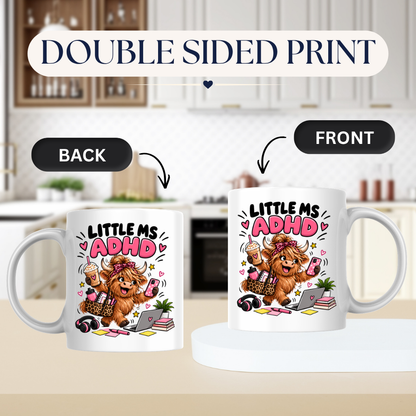 Funny ADHD Highland Cow Mug "Little Ms ADHD" Little Ms ADHD 325ml Ceramic Coffee Mug – Cute Highland Cow with Leopard Bow, Laptop, Coffee & Chaos | Relatable Neurodivergent & ADHD Humor Gift | Fast Dispatch by UK Seller (M3461)