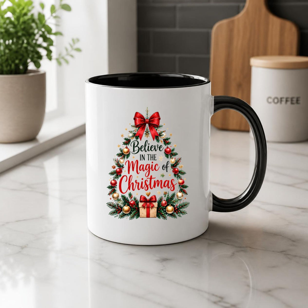 Enchanting Mug "Believe in the Magic of Christmas" Christmas Tree 325ml Ceramic Coffee Mug Festive Winter Holiday Tea Cup with Red Bow, Ornaments & Gift Box | Available in Multicolours | Fast Dispatch by UK Seller (M1265)