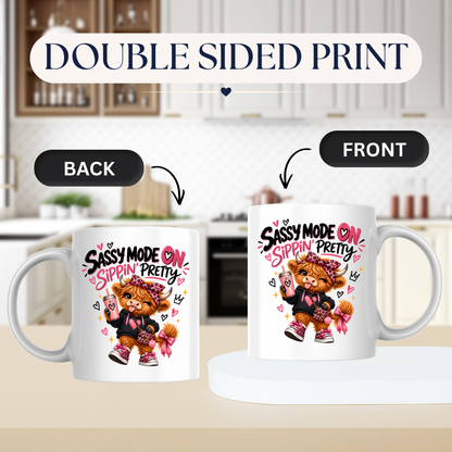 Funny Highland Cow Mug "Sassy Mode On Sippin' Pretty" Sassy Mode On Sippin' Pretty 325ml Ceramic Coffee Mug – Cute Highland Cow in Pink Leopard Bow & Sneakers | Funny Sassy Slogan Gift | Fast Dispatch by UK Seller (M3478)