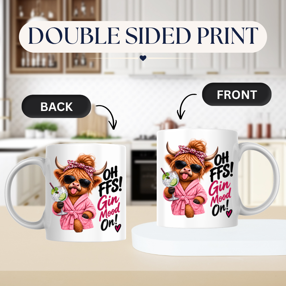 Highland Cow Gin Lover Mug "Oh FFS Gin Mood On!" Oh FFS! Gin Mood On! 325ml Ceramic Coffee Mug – Cute Highland Cow in Pink Bathrobe & Leopard Bow Holding Gin & Tonic Cocktail Glass | Funny Gift | Fast Dispatch by UK Seller (M3391)