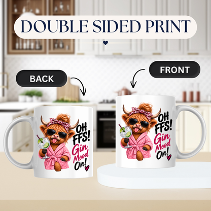 Highland Cow Gin Lover Mug "Oh FFS Gin Mood On!" Oh FFS! Gin Mood On! 325ml Ceramic Coffee Mug – Cute Highland Cow in Pink Bathrobe & Leopard Bow Holding Gin & Tonic Cocktail Glass | Funny Gift | Fast Dispatch by UK Seller (M3391)