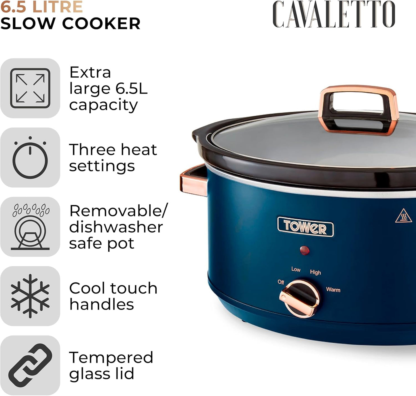 Tested Tower Cavaletto 6.5 Litre Slow Cooker with 3 Heat Settings, Removable Dishwasher Safe Pot, Cool Touch Handles, Up to 8 Portions, Midnight Blue and Rose Gold