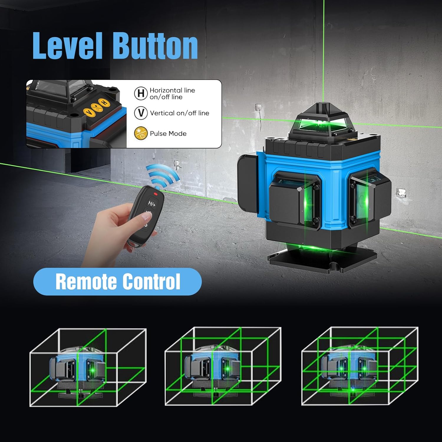 Laser Level with Tripod Self Leveling 4x360°, 4D 16 Lines Green Laser Level with 2 x 2400mAh Batteries, Adjustable Tripod, Swivel Base Remote Control Wall Bracket, IP54 Waterproof and Dustproof(Blue)