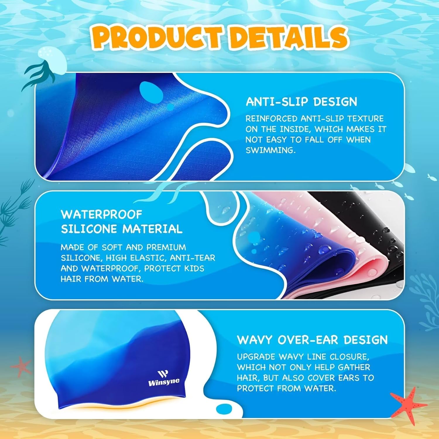 3-Pack Kids Swim Caps for Boys and Girls, Unisex Silicone Swimming Caps for Children Ages 3–15, Waterproof Swim Caps for Short or Long Hair to Help Keep Hair Dry