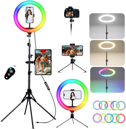 12 inch LED Ring Light with Tripod Stand & Phone Holder Tall 70'', Ringlight with Remote, Dimmable White/RGB Mode, Selfie Circle light for Phone Camera Filming Makeup Streaming