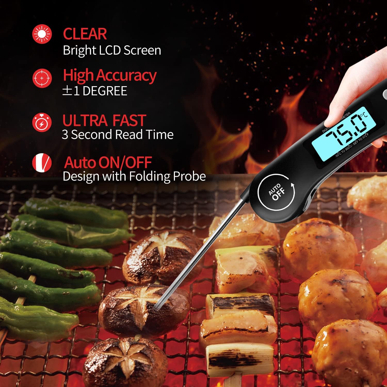 Meat Thermometer, 3s Instant Read Food Thermometer-Backlit LCD, Foldable Probe, Auto On/Off, ±1℃ Accuracy, Food Probe for BBQ Grill, Kitchen Cooking, Milk, Black