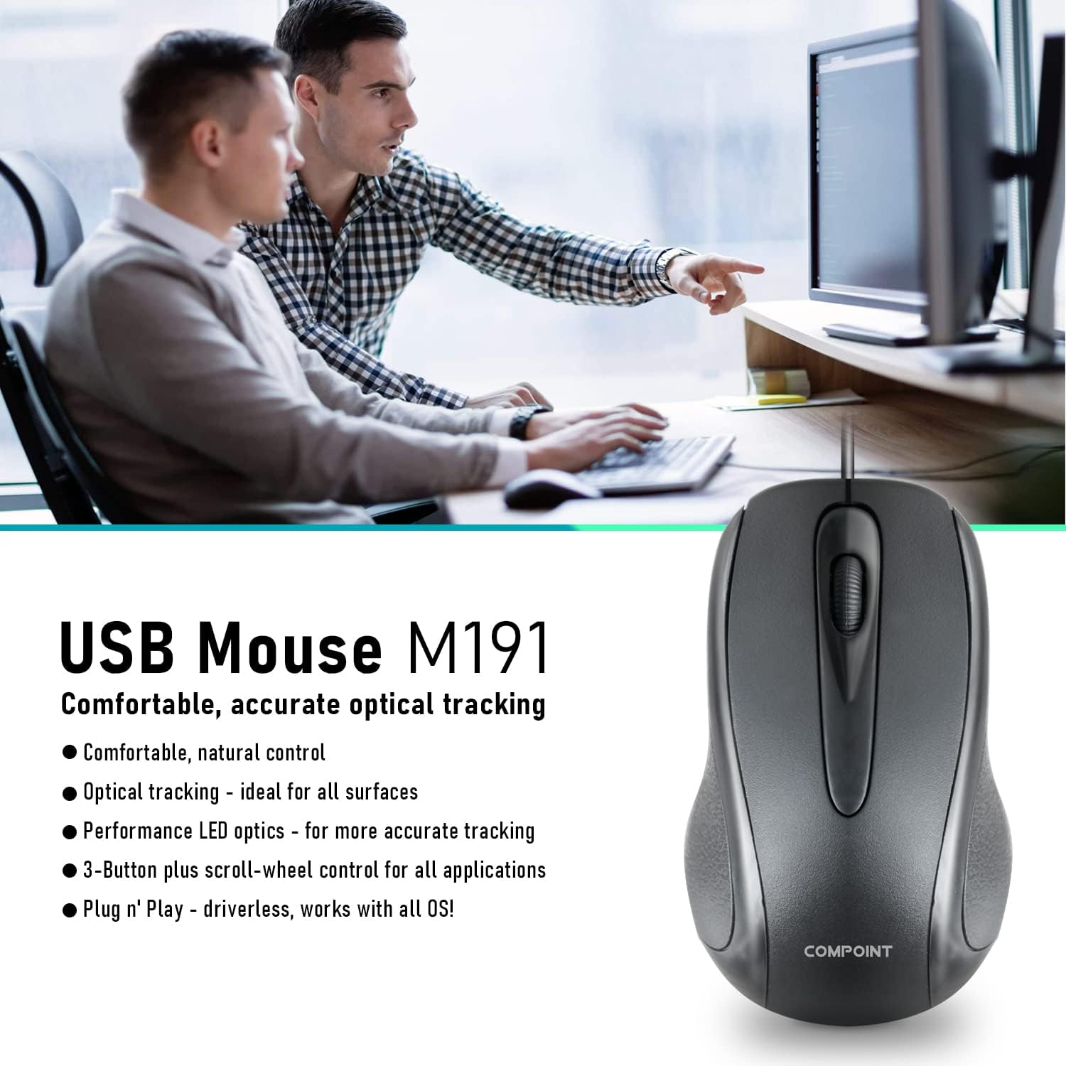 Wired USB 2.0 Computer Mouse - Ambidextrous Optical Wired Mice for Laptop, Computer, Macbook, Gaming, Working - 2.4Ghz Small Silent Black 1000 DPI Mouse with 3-Buttons and Scroll Wheel