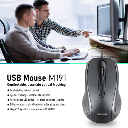 Wired USB 2.0 Computer Mouse - Ambidextrous Optical Wired Mice for Laptop, Computer, Macbook, Gaming, Working - 2.4Ghz Small Silent Black 1000 DPI Mouse with 3-Buttons and Scroll Wheel