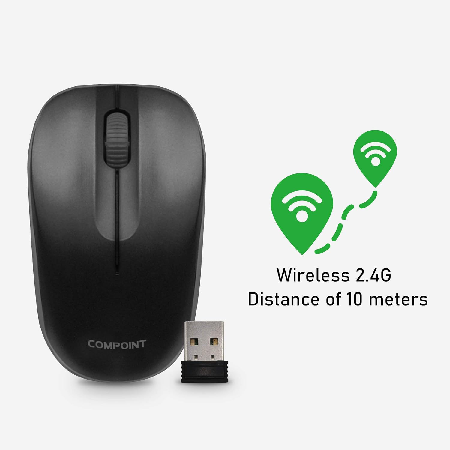 Wireless Mouse with Mini USB Receiver - Optical Cordless Mouse for Laptop, Computer, Macbook, Gaming, Working - 2.4Ghz Small Silent Black Portable Mouse Up To 10m with USB Adaptor