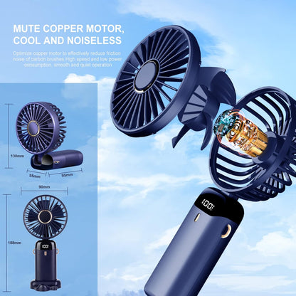 Hand Held Fan, Portable Fan Hand Fan Mini Fan USB Rechargeable Fans with 5 Speeds, 5000mAh Battery Operated Foldable Desk Desktop Fans for Office Bedroom Outdoor Travel