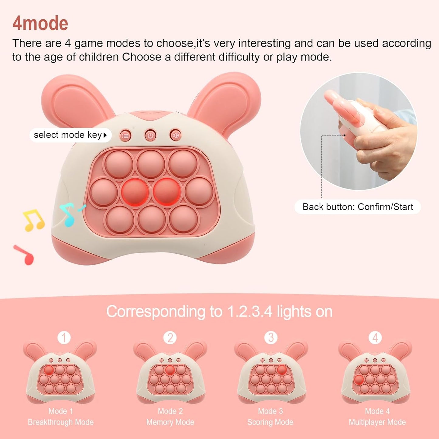 Pop Game Light Up Fidget Toy, Quick Push Console, Whack a Mole Game, Decompression Breakthrough Puzzle Pop Machine, Multiple Modes Toy for 3+ Years (pink)