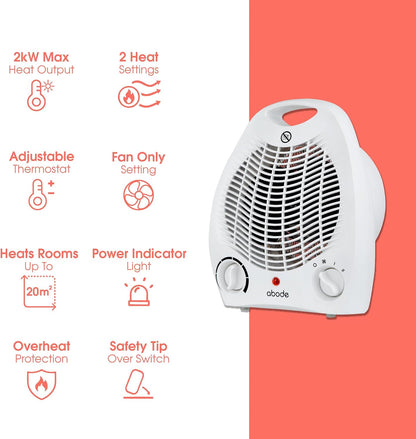 Electric Fan Heater 2000W with 2 Heat Settings, Overheat Protection & Safety Tip Over Switch, Adjustable Thermosat & Cooling Only Setting, Portable & Lightweight White
