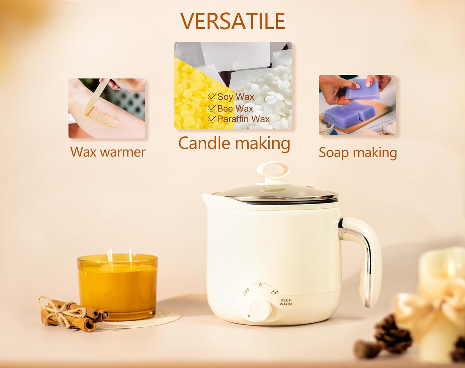 Wax Melter for Candle Making Non-stick Keep Warm 1.8L Large Electric Wax Melting Pot with Pouring Spout ，Wicks, Wick Stickers, Spoon, Candle Making Supplies - UK Plug