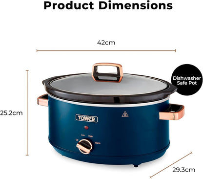 Tested Tower Cavaletto 6.5 Litre Slow Cooker with 3 Heat Settings, Removable Dishwasher Safe Pot, Cool Touch Handles, Up to 8 Portions, Midnight Blue and Rose Gold