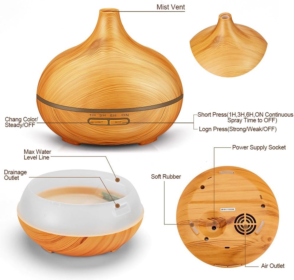 300ml Essential Oil Diffuser Aroma Diffuser Aromatherapy Ultrasonic Cool Mist Humidifier 7 Color LED Change for Office Home Bedroom Living Room Study Yoga Spa