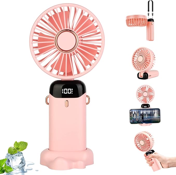 Hand Held Fan, Portable Fan Hand Fan Mini Fan USB Rechargeable Fans with 5 Speeds, 5000mAh Battery Operated Foldable Desk Desktop Fans for Office Bedroom Outdoor Travel