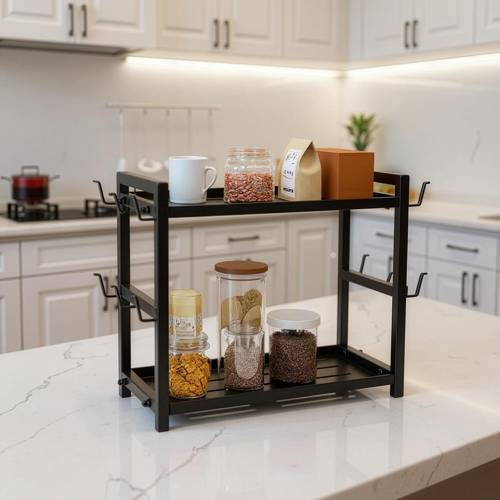 2 Tier Coffee Cup Holder Black 12 Hooks Coffee Bar Organiser Multi-functional Mug Holder Display Kitchen Stand Rack for Home Kitchen
