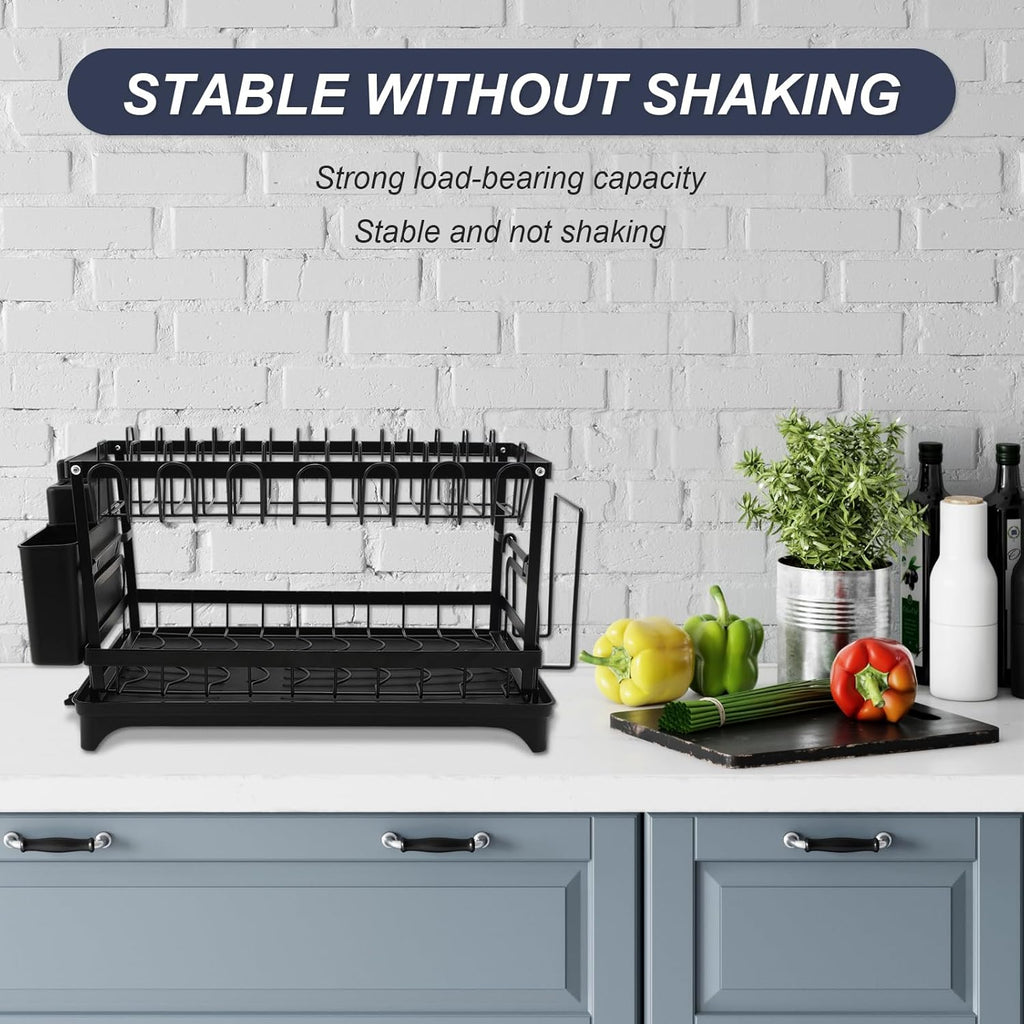 2 Tier Dish Drying Rack,Utensil Holder Kitchen Dish Organizer Shelf With Chopsticks And Chopping Board Holder,Over Sink Kitchen Counter Organizer For Plates Bowls And Cups Black