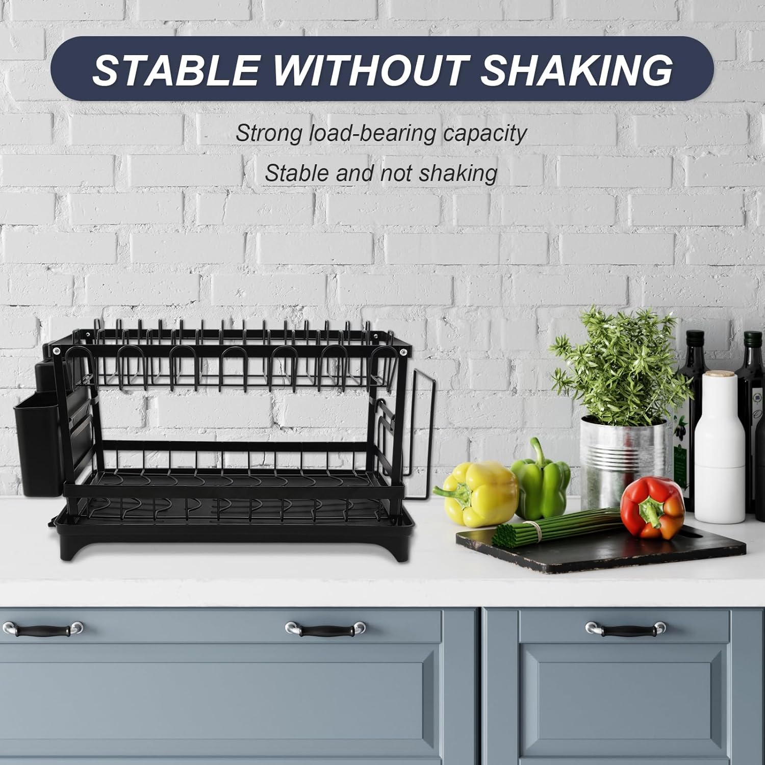 2 Tier Dish Drying Rack,Utensil Holder Kitchen Dish Organizer Shelf With Chopsticks And Chopping Board Holder,Over Sink Kitchen Counter Organizer For Plates Bowls And Cups Black