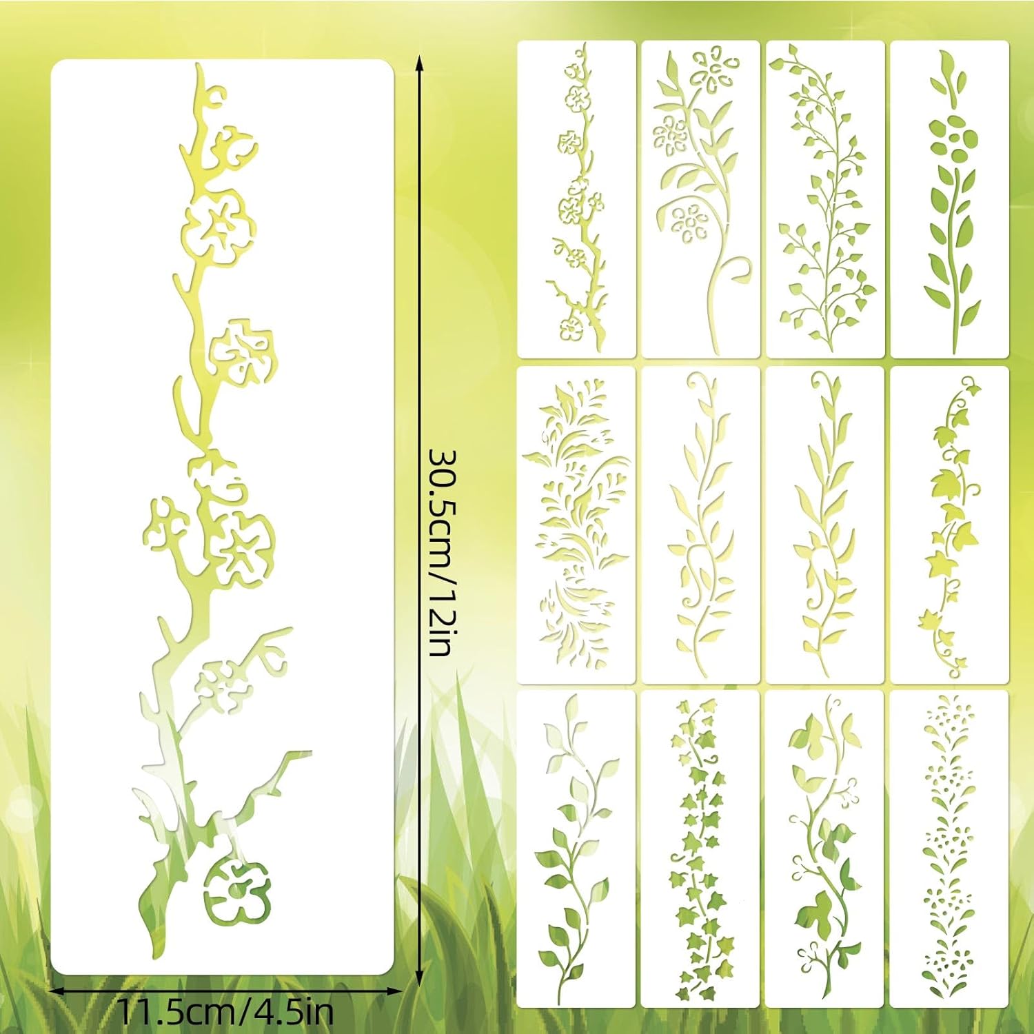 12pcs Leaf Vine Stencils, 12x4.53in Floral Branch Stencil Reusable Decorative DIY Crafts Drawing Templates for Painting on Wood Canvas Furniture Wall