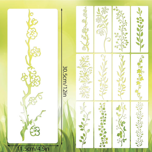 12pcs Leaf Vine Stencils, 12x4.53in Floral Branch Stencil Reusable Decorative DIY Crafts Drawing Templates for Painting on Wood Canvas Furniture Wall