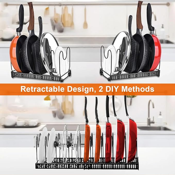 Expandable Pans Organiser Rack, Pan Lid Storage with 10 Adjustable Dividers, Pot Lid Holder, Kitchen Cupboard Organiser (Black) (Pack of 2)