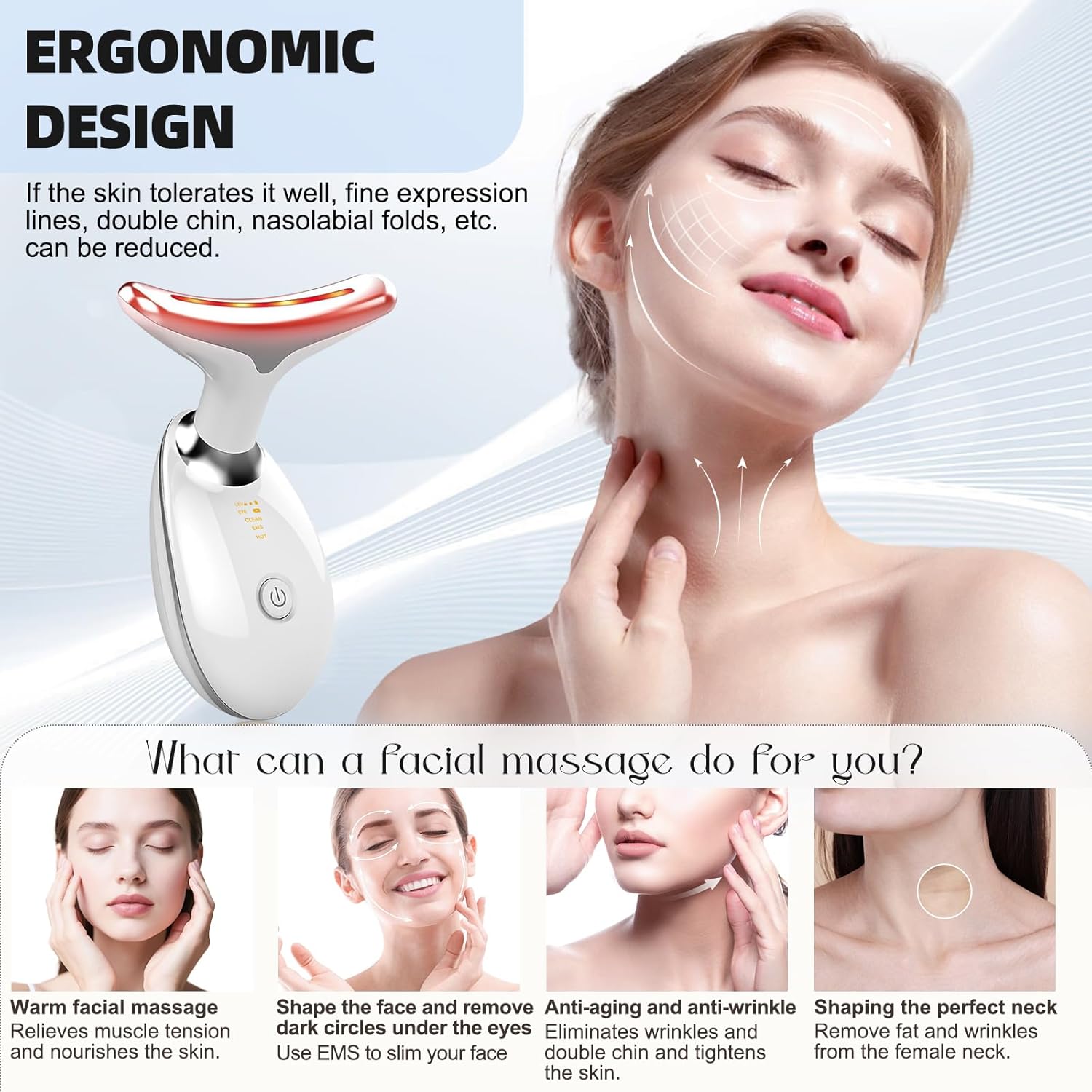 Face Massager, LED Light EMS Facial Sculptor with 3 Modes 45°C Guasha Tool Face Massager Facial Lifting Device Jaw Trainer, Firming Anti Wrinkle Neck Eye Massager Double Chin Reducer