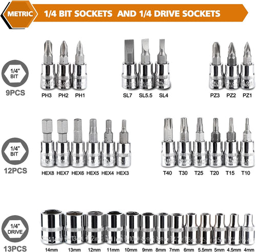 46 Pieces 1/4" Drive Socket Set&Tool Sets, Ratchet Wrench Set with Bit Socket Set Metric and Extension Bar for DIY, Car Repair and Household with Storage Case