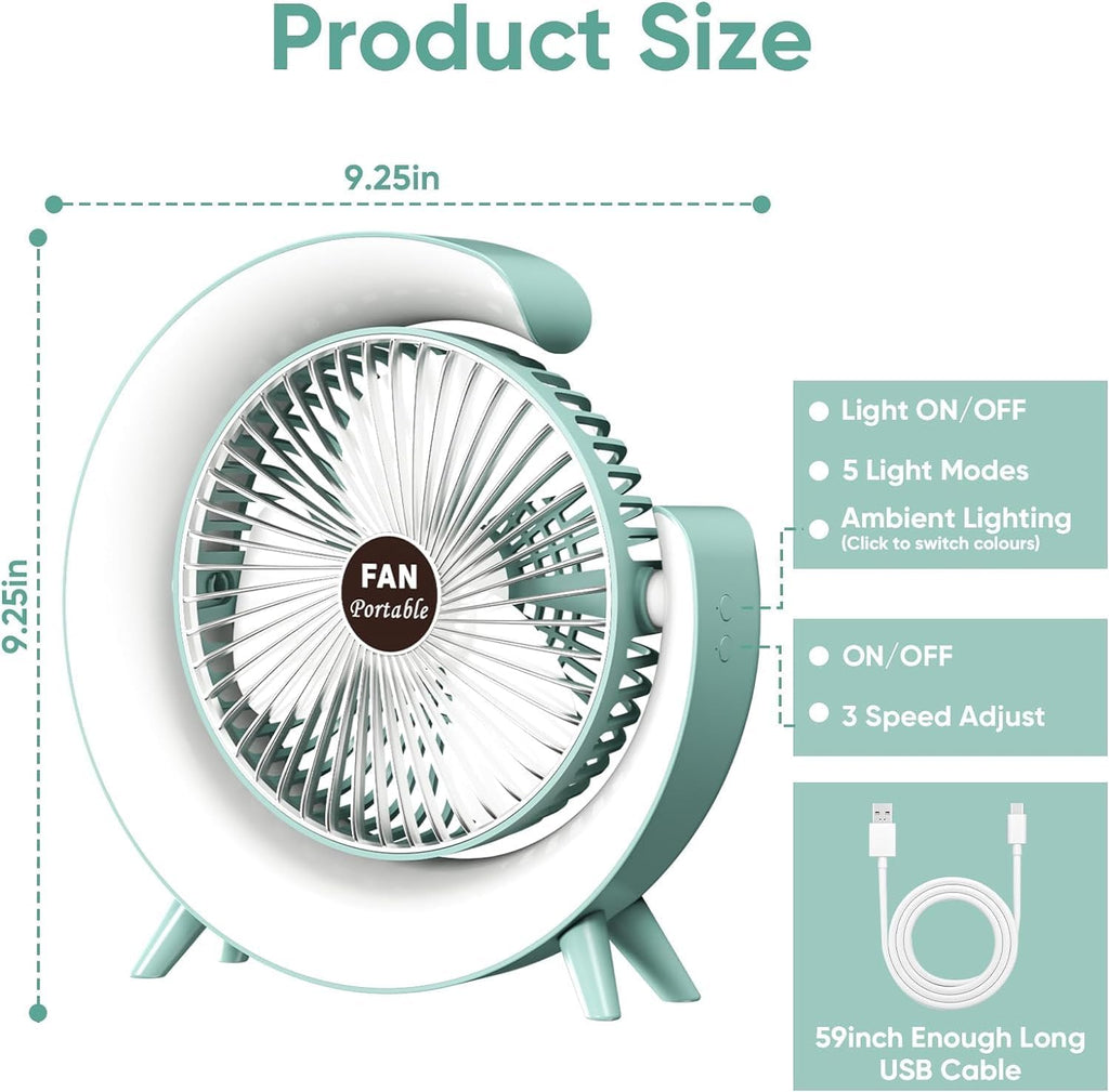 Desk Fan with LED Light, 3 Speeds 180°USB Rechargeable Portable Cooling Fan for Outdoor Camping in Bedroom Home Office