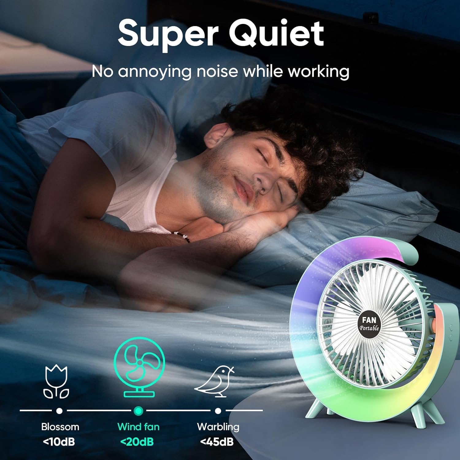 Desk Fan with LED Light, 3 Speeds 180°USB Rechargeable Portable Cooling Fan for Outdoor Camping in Bedroom Home Office