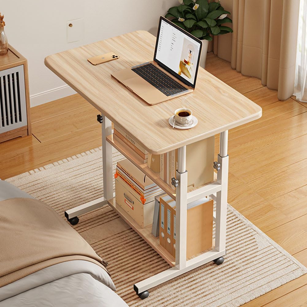Height Adjustable Computer Desk Table Movable Office Desk with Wheels,Laptop Table Study Gaming Desktop Workstation 2 Shelves for Home Office Furniture