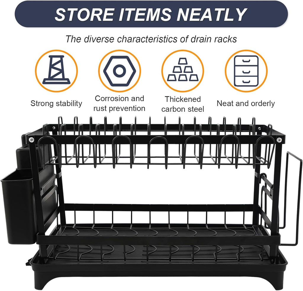 2 Tier Dish Drying Rack,Utensil Holder Kitchen Dish Organizer Shelf With Chopsticks And Chopping Board Holder,Over Sink Kitchen Counter Organizer For Plates Bowls And Cups Black