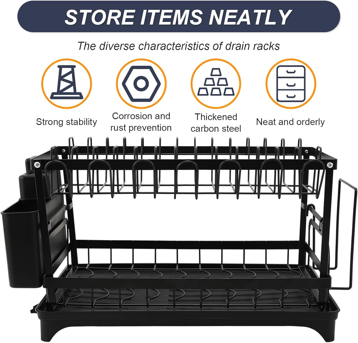 2 Tier Dish Drying Rack,Utensil Holder Kitchen Dish Organizer Shelf With Chopsticks And Chopping Board Holder,Over Sink Kitchen Counter Organizer For Plates Bowls And Cups Black