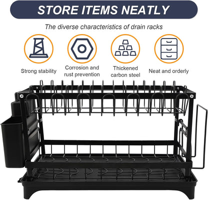2 Tier Dish Drying Rack,Utensil Holder Kitchen Dish Organizer Shelf With Chopsticks And Chopping Board Holder,Over Sink Kitchen Counter Organizer For Plates Bowls And Cups Black