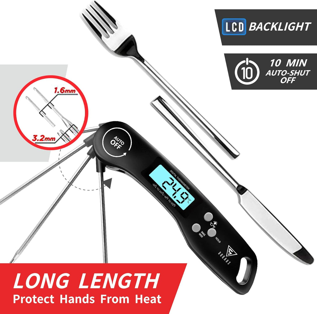 Meat Thermometer, 3s Instant Read Food Thermometer-Backlit LCD, Foldable Probe, Auto On/Off, ±1℃ Accuracy, Food Probe for BBQ Grill, Kitchen Cooking, Milk, Black