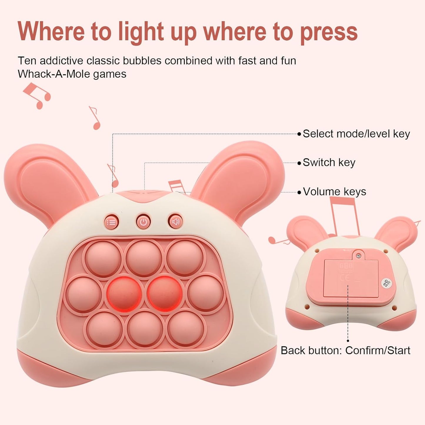 Pop Game Light Up Fidget Toy, Quick Push Console, Whack a Mole Game, Decompression Breakthrough Puzzle Pop Machine, Multiple Modes Toy for 3+ Years (pink)