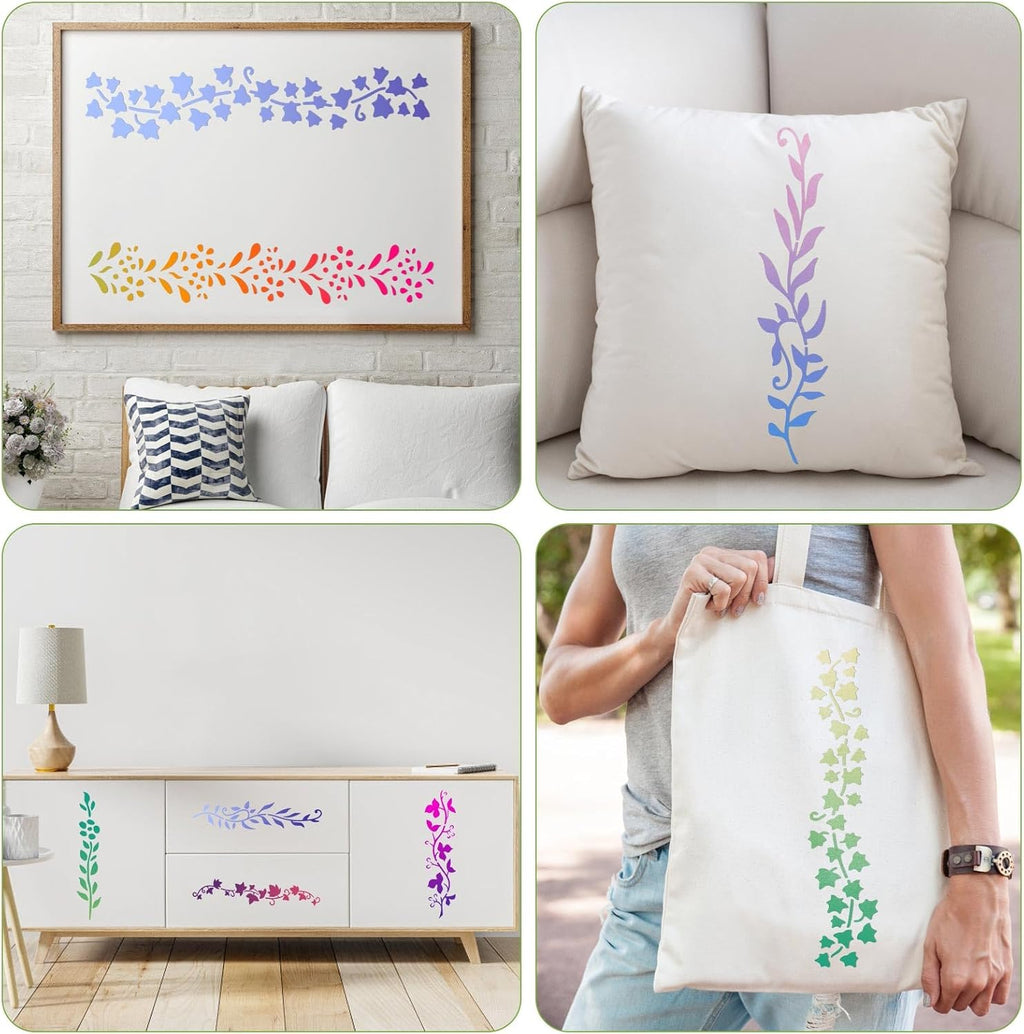 12pcs Leaf Vine Stencils, 12x4.53in Floral Branch Stencil Reusable Decorative DIY Crafts Drawing Templates for Painting on Wood Canvas Furniture Wall