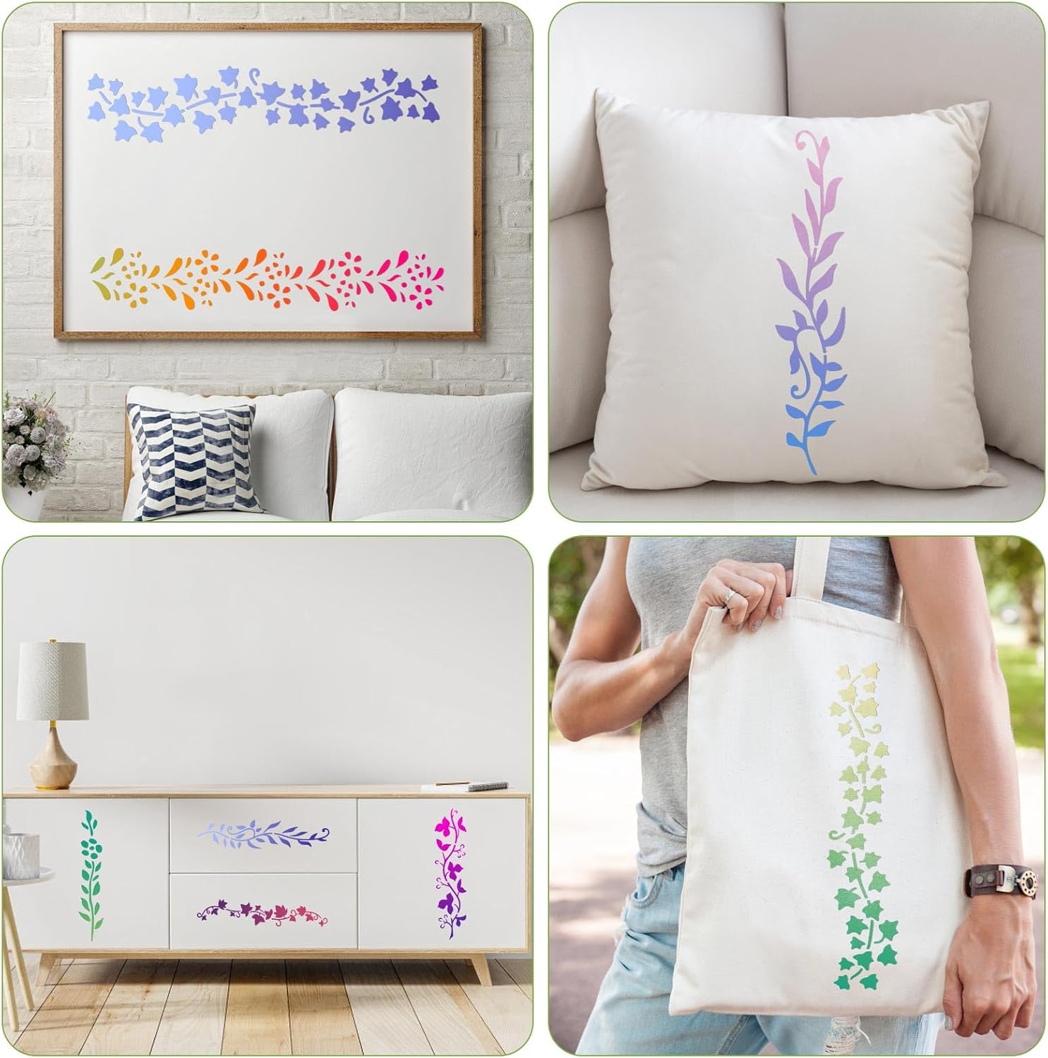 12pcs Leaf Vine Stencils, 12x4.53in Floral Branch Stencil Reusable Decorative DIY Crafts Drawing Templates for Painting on Wood Canvas Furniture Wall