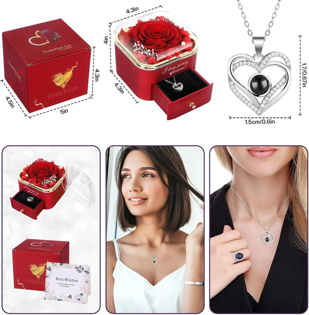 Preserved Red Real Rose with I Love You Necklace in 100 Languages-Eternal Flowers Rose Gifts for Women Mum Wife Girlfriend on Christmas Valentines Day Mothers Day Anniversary Birthday