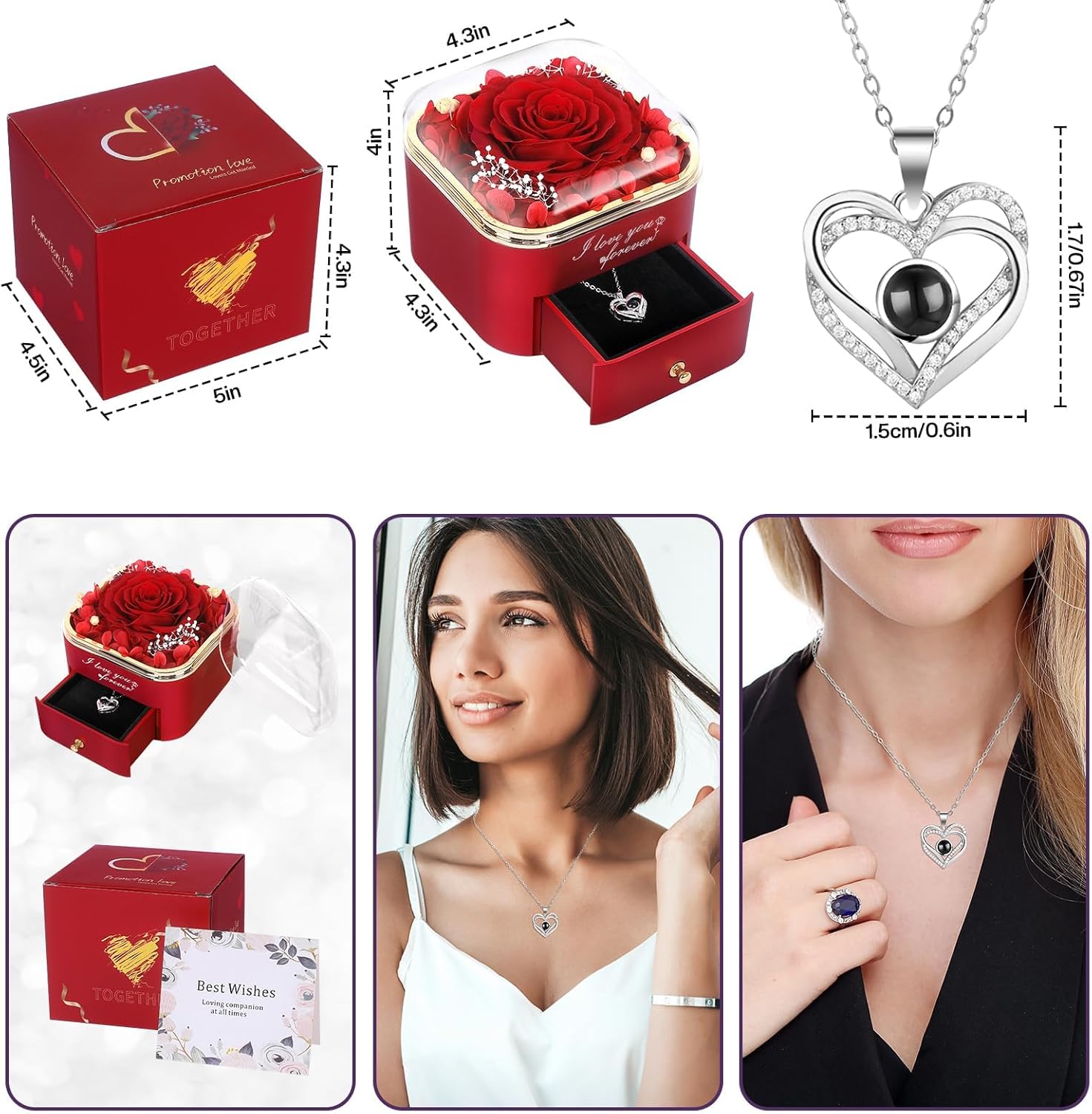 Preserved Red Real Rose with I Love You Necklace in 100 Languages-Eternal Flowers Rose Gifts for Women Mum Wife Girlfriend on Christmas Valentines Day Mothers Day Anniversary Birthday