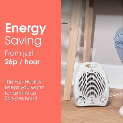Electric Fan Heater 2000W with 2 Heat Settings, Overheat Protection & Safety Tip Over Switch, Adjustable Thermosat & Cooling Only Setting, Portable & Lightweight White