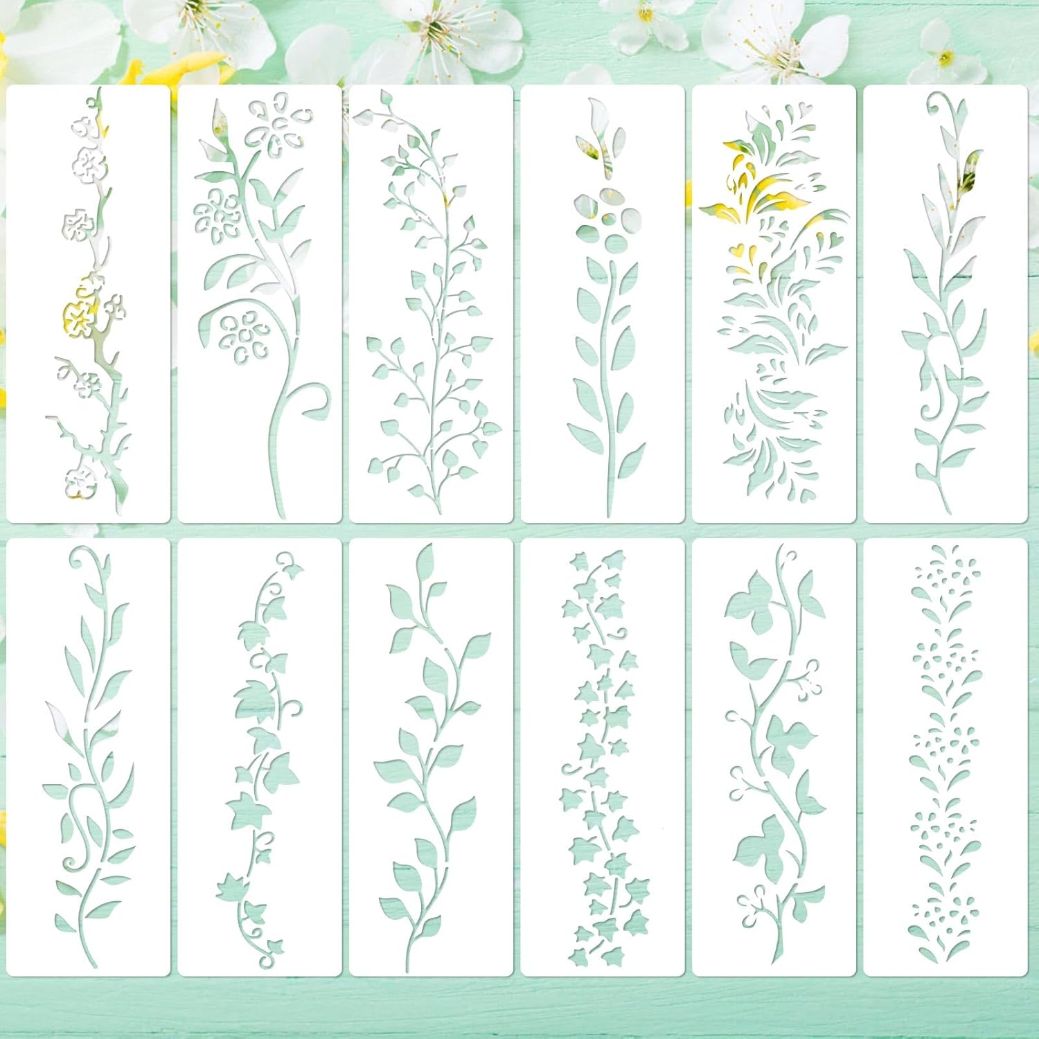 12pcs Leaf Vine Stencils, 12x4.53in Floral Branch Stencil Reusable Decorative DIY Crafts Drawing Templates for Painting on Wood Canvas Furniture Wall