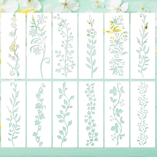 12pcs Leaf Vine Stencils, 12x4.53in Floral Branch Stencil Reusable Decorative DIY Crafts Drawing Templates for Painting on Wood Canvas Furniture Wall