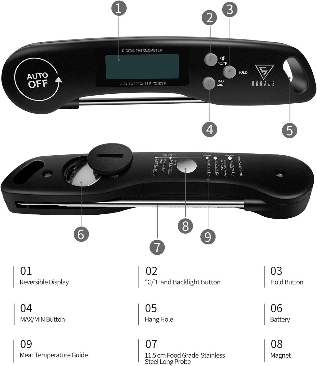 Meat Thermometer, 3s Instant Read Food Thermometer-Backlit LCD, Foldable Probe, Auto On/Off, ±1℃ Accuracy, Food Probe for BBQ Grill, Kitchen Cooking, Milk, Black