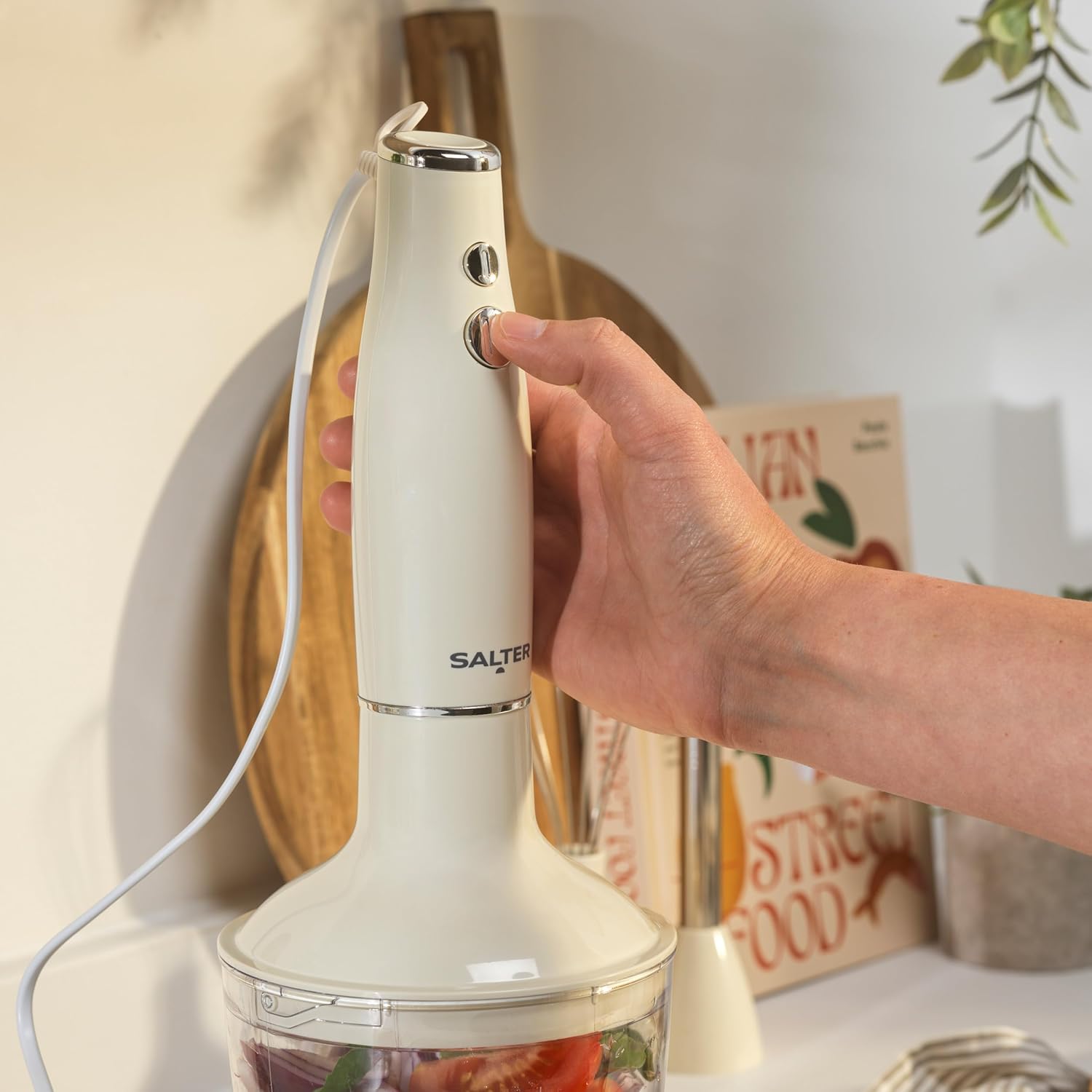 Salter Retro 3-in-1 Blender Set – 600W Powerful Motor, 2 Speed Settings, Stainless Steel Whisk & Blades, 500ml Food Chopper Bowl, Multifunctional Hand Blender for Whisking, Blending & Chopping, Cream