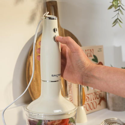 Salter Retro 3-in-1 Blender Set – 600W Powerful Motor, 2 Speed Settings, Stainless Steel Whisk & Blades, 500ml Food Chopper Bowl, Multifunctional Hand Blender for Whisking, Blending & Chopping, Cream